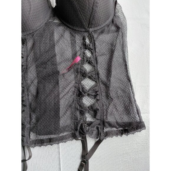 Seven Til Midnight Sheer Bustier Top with Garter Straps 1X/2X Black Bows - Picture 3 of 9
